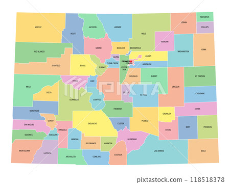 Colorado, U.S. state, subdivided into 64 counties, multi colored political map with capital Denver, borders and county names. State in the Mountain West region of Western USA. The Centennial State. 118518378