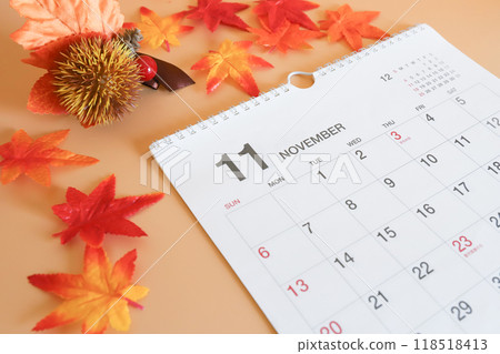 十一月日曆秋天的樹葉圖像 十一月日曆秋天的樹葉圖像 118518413