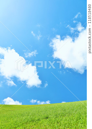 Refreshing summer blue sky and fresh green meadow landscape Refreshing summer blue sky and fresh green meadow landscape 118518480