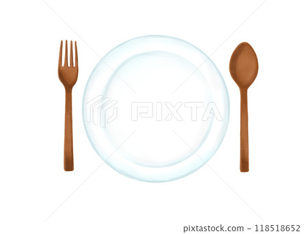 手繪天然時尚的木製餐具和盤子 手繪天然時尚的木製餐具和盤子 118518652