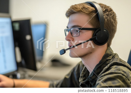 Call center and customer service with a man consulting using a headset in his support office 118518895