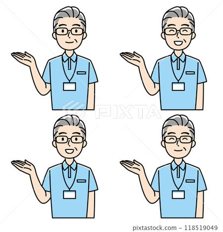 一位穿著 Polo 衫的老人微笑著引導您（右手，衣領） 118519049