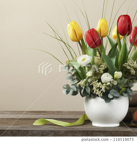 桌子上擺滿了美麗的鬱金香和春天的花朵。 桌子上擺滿了美麗的鬱金香和春天的花朵。 118519073