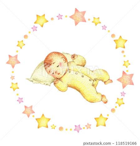 嬰兒睡在枕頭和星框上，手繪色鉛筆畫 118519166