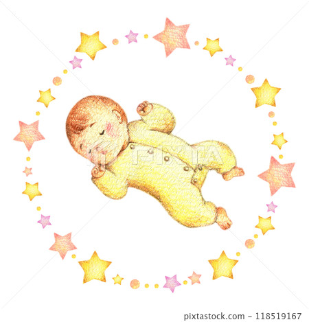 睡著的嬰兒和星框手繪色鉛筆畫 118519167