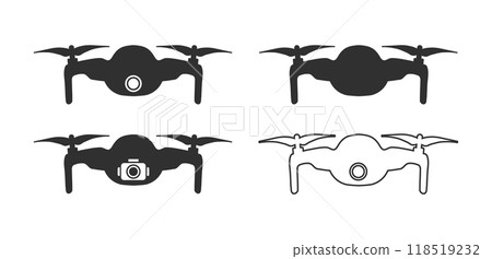 Quadcopter flying drone icons silhouette symbol. Drone fpv copter with action camera. Photo and video. Vector illustration image. Isolated on white background. Quadcopter flying drone icons silhouette symbol. Drone fpv copter with action camera. Photo and video. Vector illustration image. Isolated on white background. 118519232
