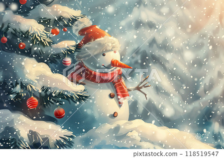 Christmas greeting card with bright winter holiday snowman and New Year background 118519547