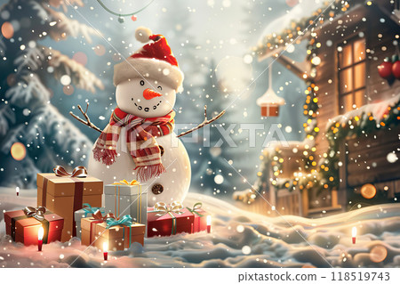 Christmas greeting card with bright winter holiday snowman and New Year background 118519743