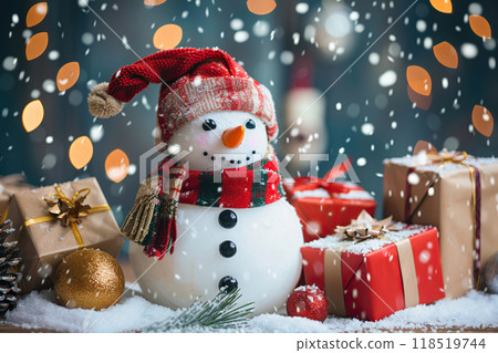 Christmas greeting card with bright winter holiday snowman and New Year background 118519744