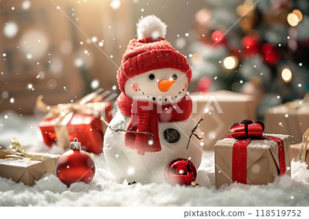 Christmas greeting card with bright winter holiday snowman and New Year background 118519752