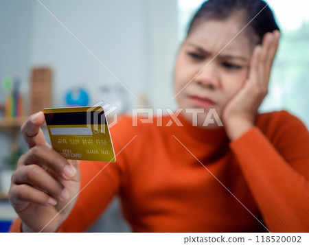 Online banking transaction concept, Woman is dismissal with credit card, Using smartphone shopping online, E Commerce and secure mobile banking concept, Making online payments. 118520002