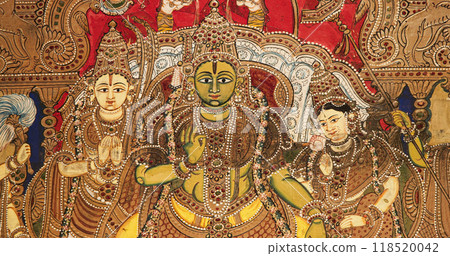 Close-up view on Ramapattabhisheka tableau. scene has Rama and Sita on throne. couple is flanked by Ramas brothers, Vibhishana, allies, rishis, kings, and noblemen Close-up view on Ramapattabhisheka tableau. scene has Rama and Sita on throne. couple is flanked by Ramas brothers, Vibhishana, allies, rishis, kings, and noblemen 118520042