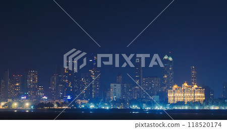 Mumbai, India. Evening City Skyline From Marine Drive , , . Back Bay Coast Of Mumbai City. Skyscrapers And Saifee Hospital In Night Illuminations Mumbai, India. Evening City Skyline From Marine Drive , , . Back Bay Coast Of Mumbai City. Skyscrapers And Saifee Hospital In Night Illuminations 118520174