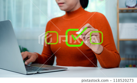 Woman write or tick correct mark to approve document or project, Application for certificate, Quality management and assurance, Business certification, Pass inspection, Accept approved, QA, QC. 118520273