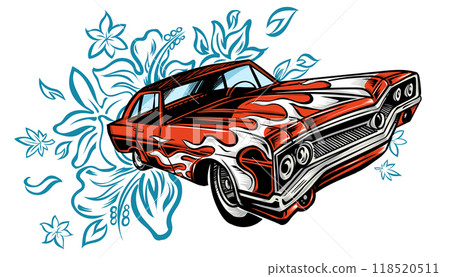 Vintage car cartoon with flowers . summer vibes hand draw. vector illustration Vintage car cartoon with flowers . summer vibes hand draw. vector illustration 118520511