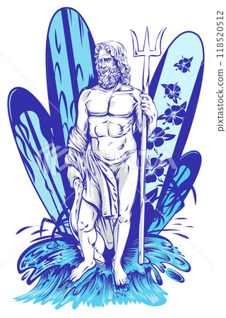 Poseidon surfer on surfboard background. vector illustration Poseidon surfer on surfboard background. vector illustration 118520512