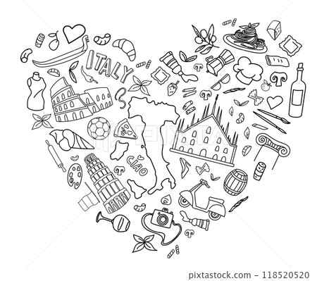 Italy symbol on heart shape  element Doodle Art Illustration. Hand Drawn Vector Clip Art 118520520