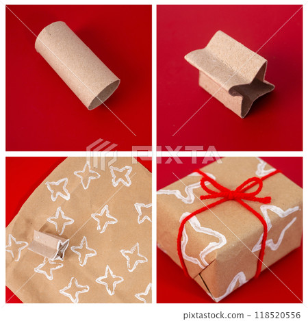 Handmade decorative stamps using a toilet paper roll and paint, great for custom wrapping paper and greeting cards. Easy step-by-step tutorial for DIY creative paper decorations 118520556