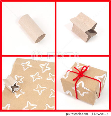 Stars made from folded toilet paper rolls, DIY activity for kids, showing how to create original wrapping paper. Craft project using eco-friendly materials, creative stamping technique. 118520624