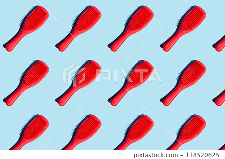 Red hair brushes stand out against a bold blue backdrop, creating a striking visual contrast, repeating collage, creative layout, 118520625