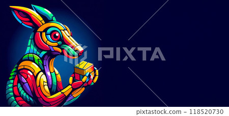Geometric kangaroo in red, yellow, green, blue, Stylized figure with large red eyes on dark blue background. Creative interpretation of a kangaroo solving a puzzle, 118520730
