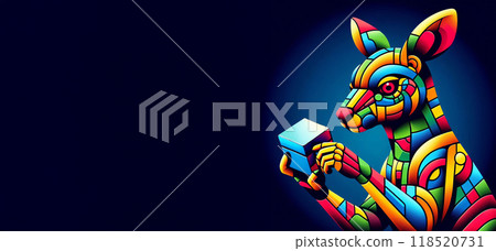 Vibrant kangaroo illustration in geometric shapes, red irises, Multicolored figure against dark blue background. Artistic take on kangaroo solving a puzzle Vibrant kangaroo illustration in geometric shapes, red irises, Multicolored figure against dark blue background. Artistic take on kangaroo solving a puzzle 118520731