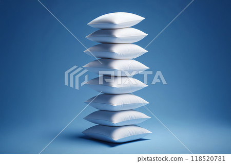 White pillows stacked against a blue background, with several floating above the stack. The image creates a gravity defying illusion, making pillows appear suspended in mid air, 118520781