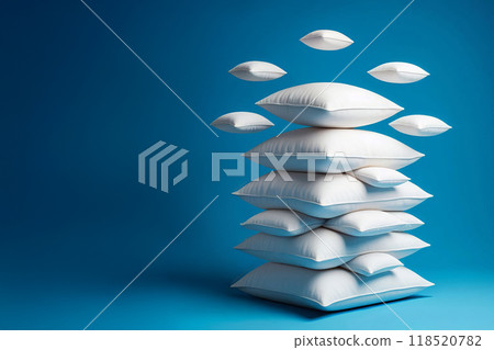 Stack of white pillows set against a blue backdrop, with some pillows seemingly floating above the stack. The visual effect makes it look like pillows are levitating 118520782