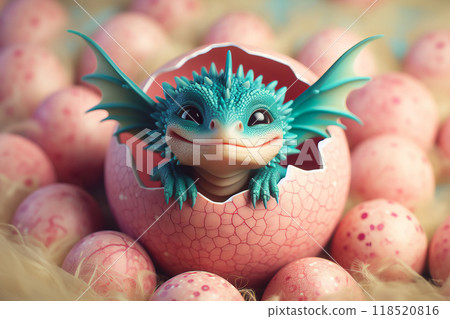 Close-up toy dragon in egg, fantasy art, newly hatched cute little dragon, 118520816