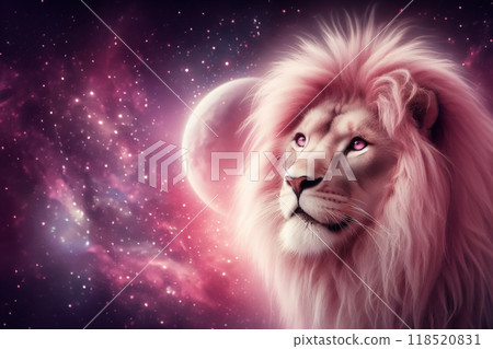 Pink lion close-up portrait with vibrant mane. Majestic concept Pink lion close-up portrait with vibrant mane. Majestic concept 118520831