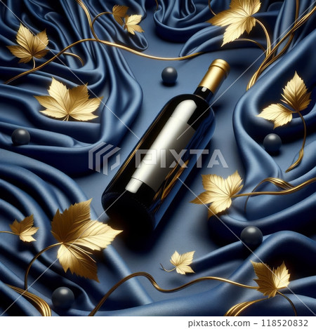 Exquisite photo featuring a wine bottle on blue cloth adorned with gold leaves 118520832