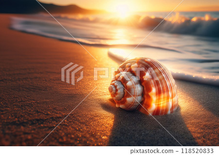 Shell on sandy beach at sunset, vibrant red-orange light. Perfect for backgrounds Shell on sandy beach at sunset, vibrant red-orange light. Perfect for backgrounds 118520833