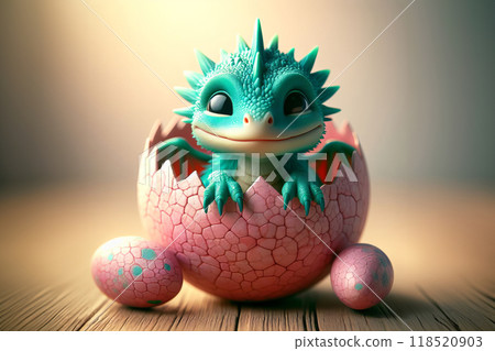 A small, adorable dragon smiles as it sits inside an egg. The color palette predominantly features shades of turquoise and pink, 118520903