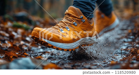 Close-up on a hiking tour. A hiking boots press into a rocky trail 118520980