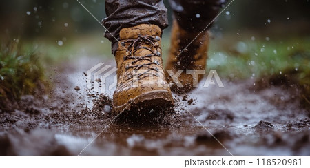 Close-up on a hiking tour. A hiking boots press into a rocky trail 118520981