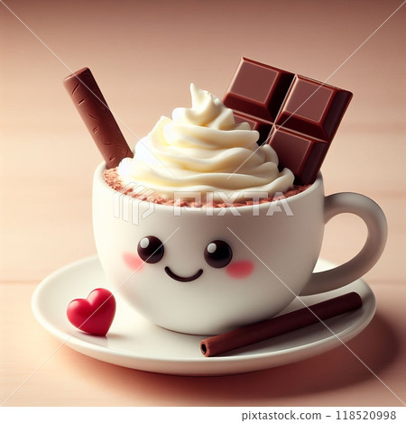A white cup of hot chocolate with whipped cream with a cartoon face filled with a chocolate bar sticking out of it. 118520998