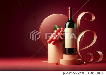 a bottle of wine next to a bunch of grapes, a 3D render, red color theme, festival, minimalistic composition, hyperrealist illustration 118521011