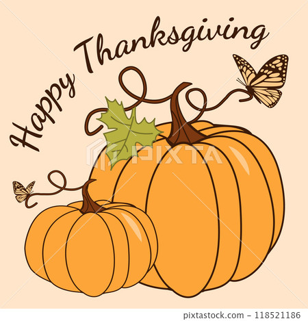 Autumn Thanksgiving Fall Background with Pumpkins and Butterflies Festive Elements, Perfect for Family Farm Festival Celebrations. Seasonal Harvest Theme. Vector illustration 118521186