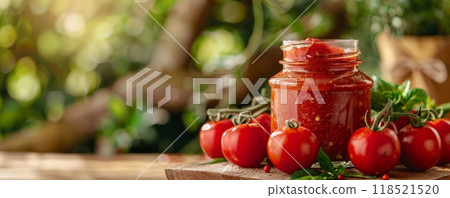 Tomato paste in glass jar on rustic background with copyspace Tomato paste in glass jar on rustic background with copyspace 118521520