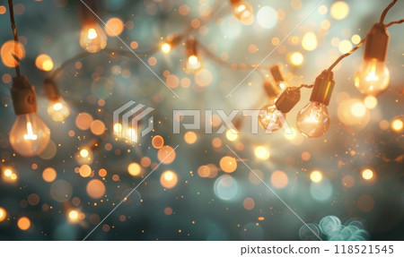 Glowing garland with light bulbs, defocused bokeh background. Festive illuminating decoration Glowing garland with light bulbs, defocused bokeh background. Festive illuminating decoration 118521545