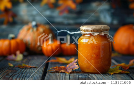 Tasty pumpkin jam in glass jar on rustic background. Autumn seasonal concept Tasty pumpkin jam in glass jar on rustic background. Autumn seasonal concept 118521606