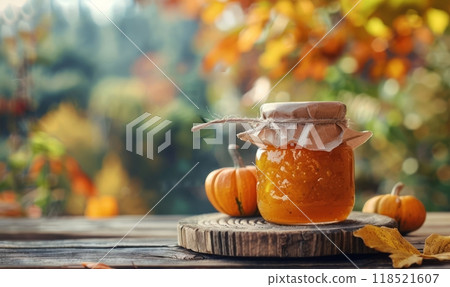 Tasty pumpkin jam in glass jar on rustic background. Autumn seasonal concept 118521607
