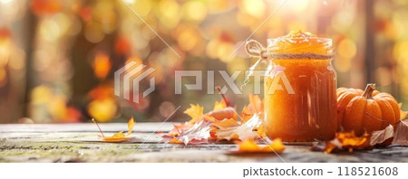 Tasty pumpkin jam in glass jar on rustic background. Autumn seasonal concept 118521608