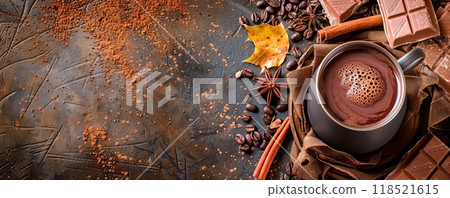 Hot chocolate in a cup on rustic background with autumn leaves decoration and copyspace for your text Hot chocolate in a cup on rustic background with autumn leaves decoration and copyspace for your text 118521615