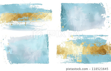 Blue and golden painted grunge stains and lines set, abstract rectangular banners 118521645