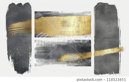 Black and golden painted grunge stains and lines set, abstract rectangular banners 118521651