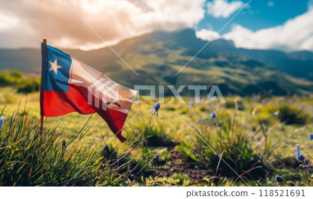 Waving Chile flag on background with sky and mountain. National holidays celebration background 118521691