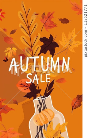 Autumn leaves in vase closeup, overlay, minimalistic seasonal illustration with Autumn Sale text. Template for promotional poster or banner 118521771
