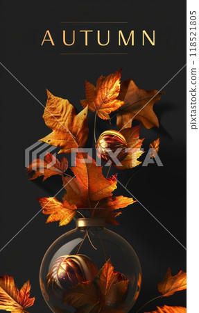 Autumn leaves in vase closeup, overlay, minimalistic seasonal illustration with Autumn text. Template for promotional poster or banner 118521805