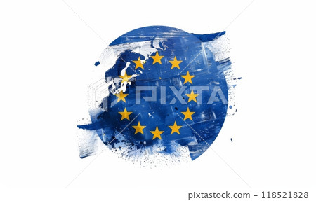 Grunge watercolor painted flag of European Union with splashes in round shape on white background 118521828